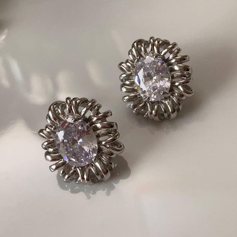 High-End Oval Zirconia Flower Stud Earrings for Women - Versatile, Stylish European  American Design