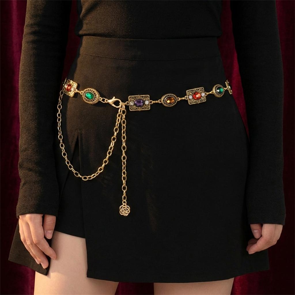 Bohemian Colorful Rhinestone Waist Chain for Women Retro Floral Carving Geometric Metal Belt Body Chain Beach Bikini Jewelry