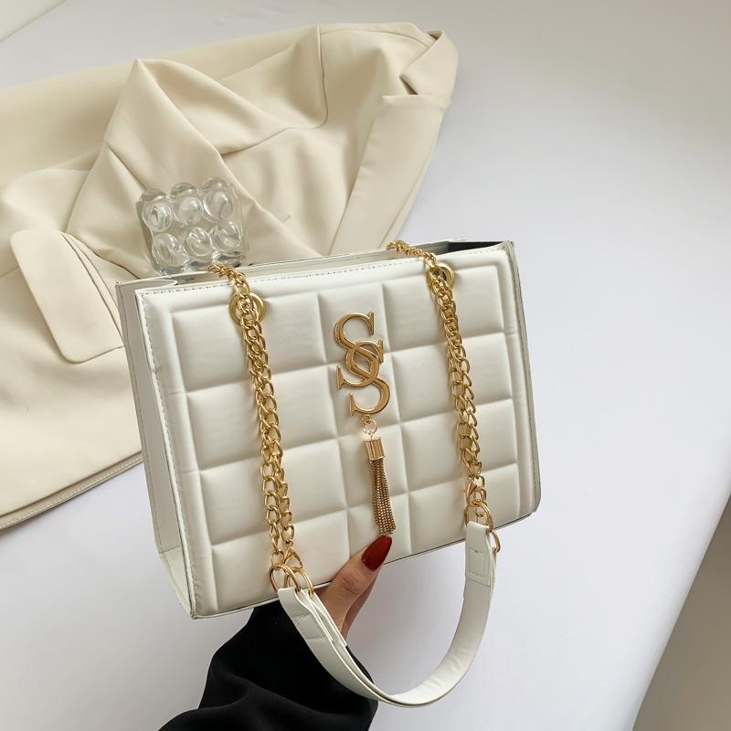 Geantă de textură cu indentare în carouri, nouă la modă și la modă, casual, cu un singur umăr, geantă crossbody, la modă, simplă, cu lanț, mică, pătrată