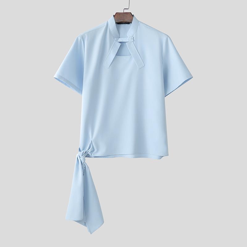 

INCERUN Men Summer Stand Neck Short Sleeve Twisted Belt Casual Shirts 5XL синий