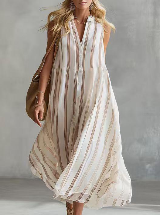 European and American new long dress Bohemian elegant striped sleeveless V-neck dress women