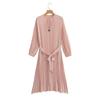 2025 Spring/Autumn Women's Fashion Crew Neck Long Sleeve Belted Pleated Maxi Dress