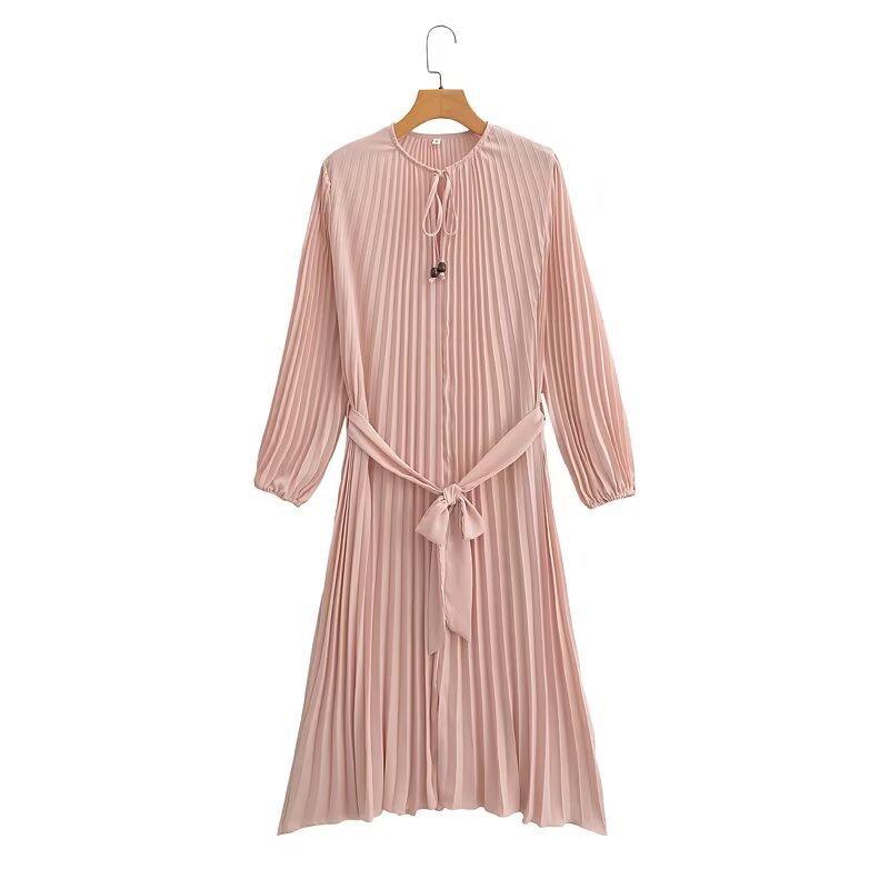 2025 Spring/Autumn Women's Fashion Crew Neck Long Sleeve Belted Pleated Maxi Dress