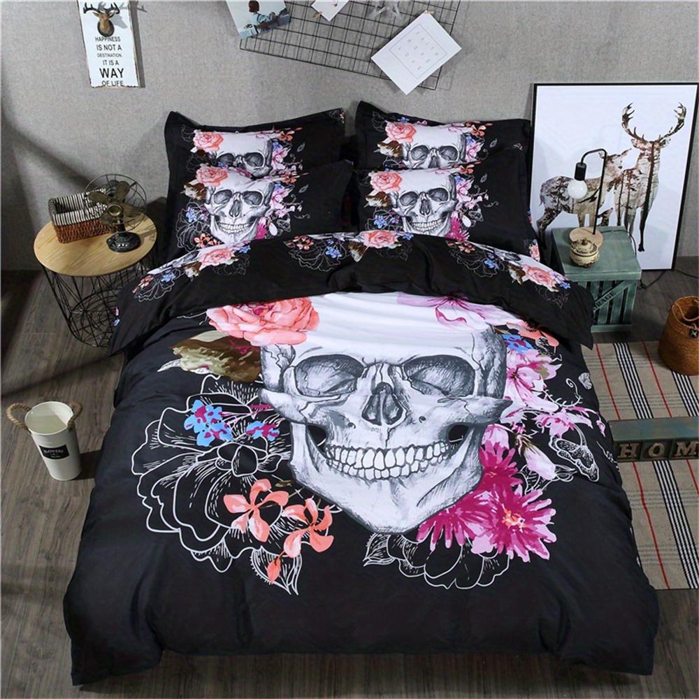 3pcs Soft and Comfortable Skull Flower Print Duvet Cover Set for Bedroom and Guest Room - Includes 1 Duvet Cover and 2 Pillowcas