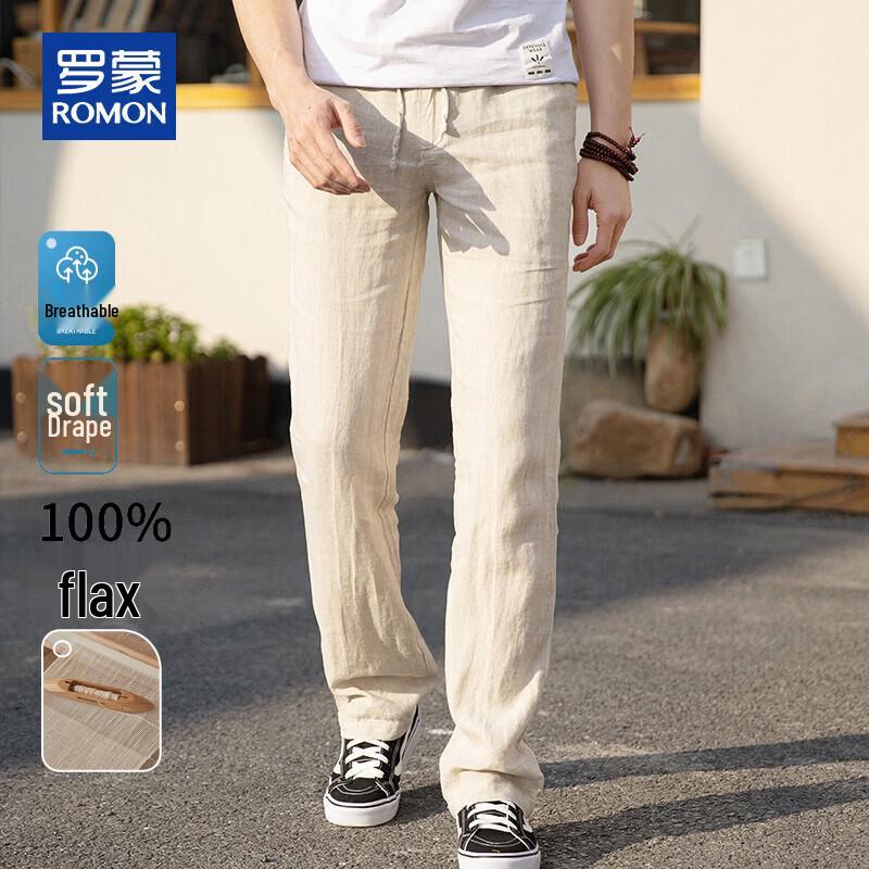 ROMON Men s 100% Linen Drawstring Straight-Leg Casual Pants 2XL