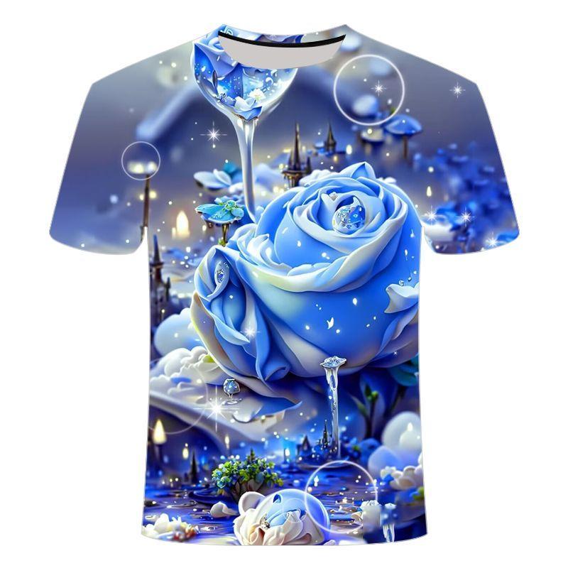 Blaue Rosenlandschaft 3D-bedrucktes, kurzärmeliges, modisches, lässiges T-Shirt für Männer und Frauen