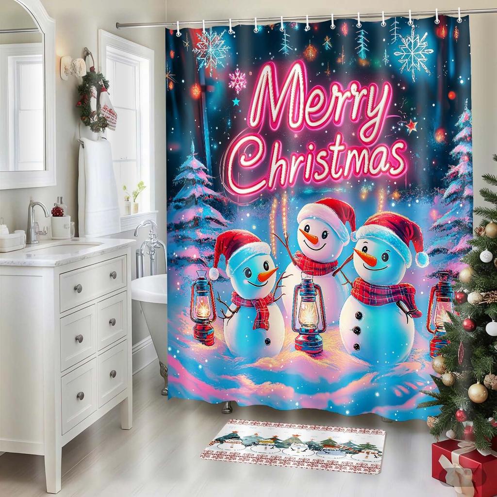 Wathon Christmas Snowman Shower Curtain Winter Snowflake Red Bathroom Set, Funny Christmas Shower Curtains For Kids,Cute Snowman