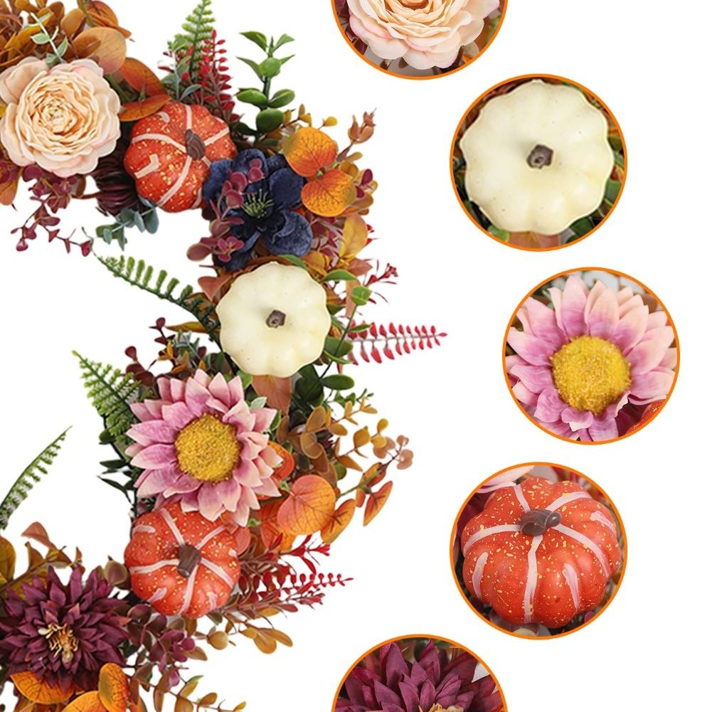 1 Pcs Fall Wreath Vibrant 18'' Fall Wreath With Pumpkins & Flowers - Perfect For Thanksgiving Artificial Flowers Decorations