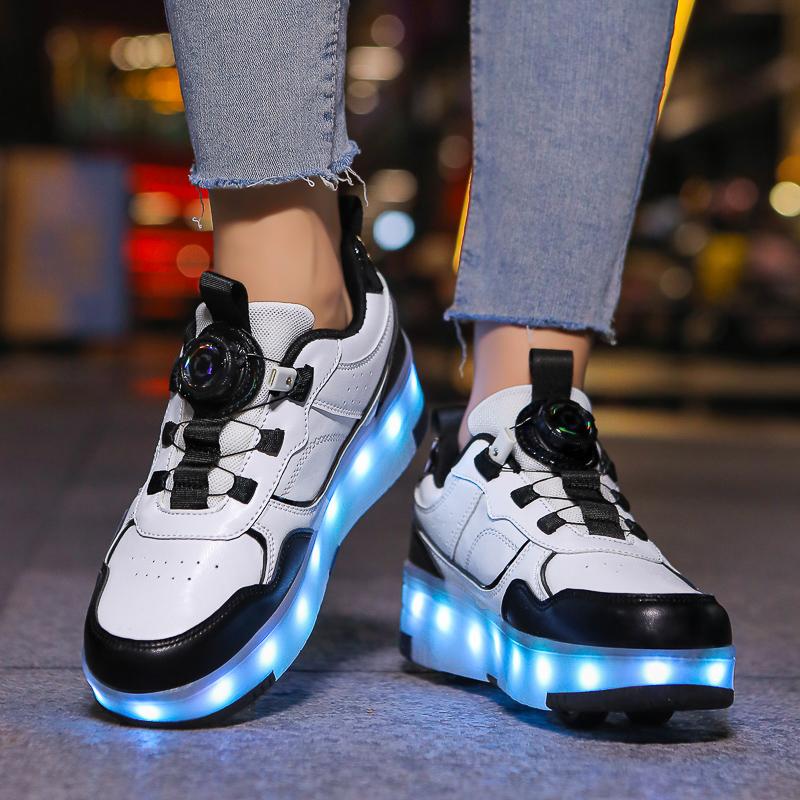 Kid's Rotating Button Wear Quick Four Wheel Running Shoes with Wheels Sports Shoes USB Charging LED Light Sports Shoes Girls Roller Skates