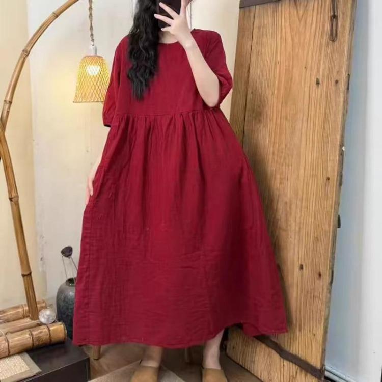 New Plus Size Summer Dress Women Vintage Casual Loose Maxi Dress Solid Basic O Neck