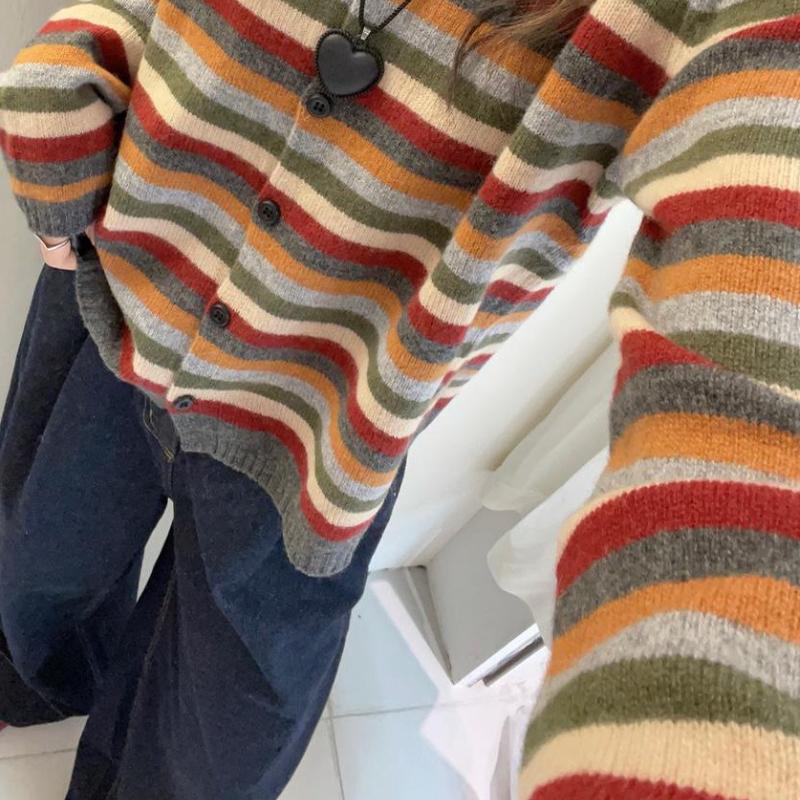 Striped Top Women Slimming Sweater Spring Autumn Loose Round Neck Pullover Knit Fashion Versatile