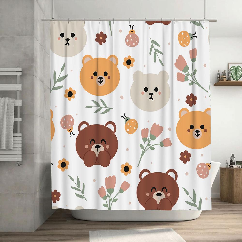 Adorable Cartoon Bear Print Shower Curtain for Bathroom Decoration White Floral Design Shower Panels Set with Hook Rings (180x27