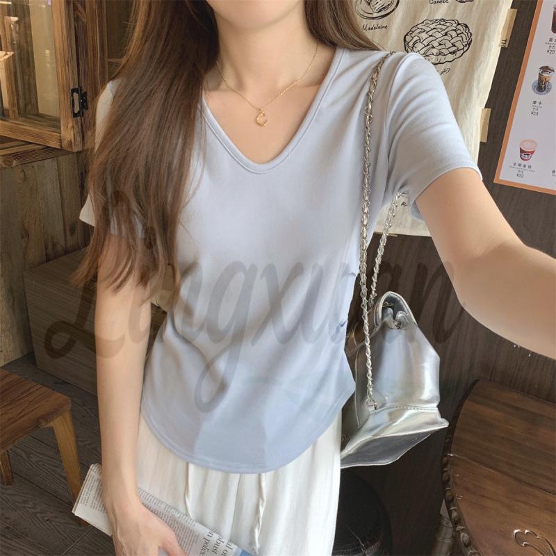 Spring/Summer Korean Style Slimming V-Neck Pleated Short Sleeve T-Shirt