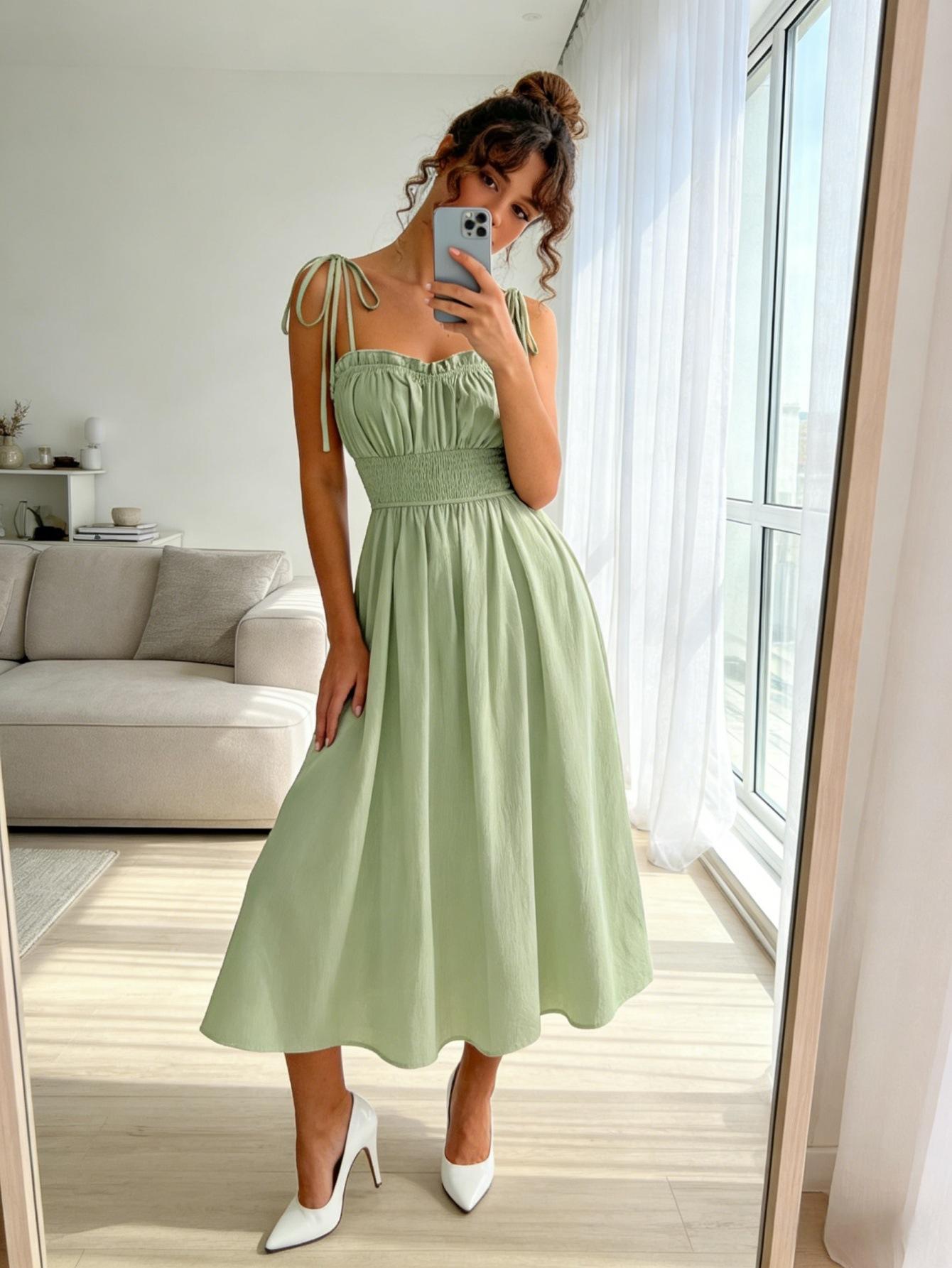 

Spring and summer new mint green suspender skirt, waist strap A word medium and long dress, direct batch L