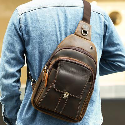 Męska torba na klatkę piersiową w stylu vintage z skóry Crazy Horse, warstwa wierzchnia skóry bydlęcej, duża pojemność, wielofunkcyjna, casualowa, skórzana torba na klatkę piersiową