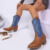 Color-blocked Embroidered Western Boots 2025 Autumn/winter New Pointed Toe Thick Heel Mid-heel Women's Boots