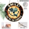 2D Flat, 1pc Round Aluminum Hanging Sign, "Smile You're On Camera" CCTV Security Camera & Smiley Face Design, Retro Distressed Warning Metal Sign