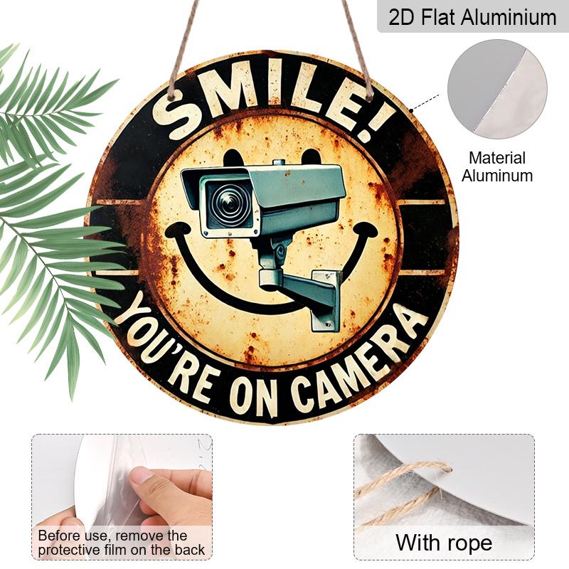 2D Flat, 1pc Round Aluminum Hanging Sign, "Smile You're On Camera" CCTV Security Camera & Smiley Face Design, Retro Distressed Warning Metal Sign