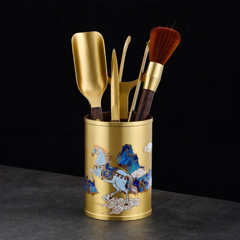 Brass Tea Ceremony Six Tools Set With Wooden Holder Traditional Chinese Gongfu Accessories