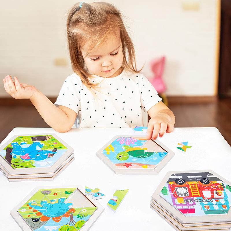 Hexagonal Children's Creative Three-dimensional Animal Puzzle Wooden Early Education Puzzle Fruit and Vegetable Traffic Cognitive Toys
