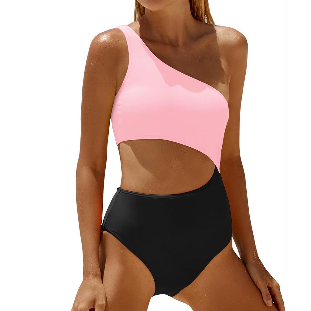 Women's Fashion Color Block One-Shoulder One-Piece Swimsuit