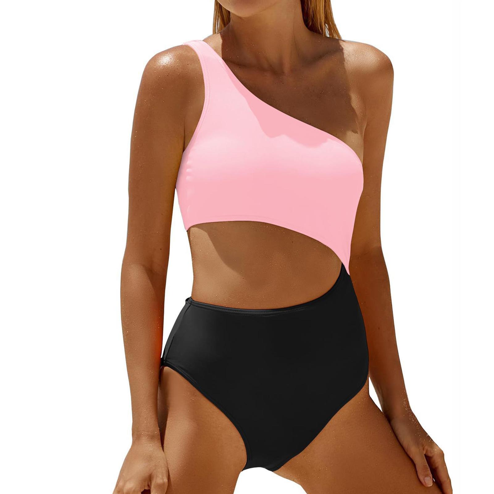 Women One Shoulder Cutout Swimsuit Asymmetrical High Waist Bathing Suit for Beach Pool Swimwear S розовый