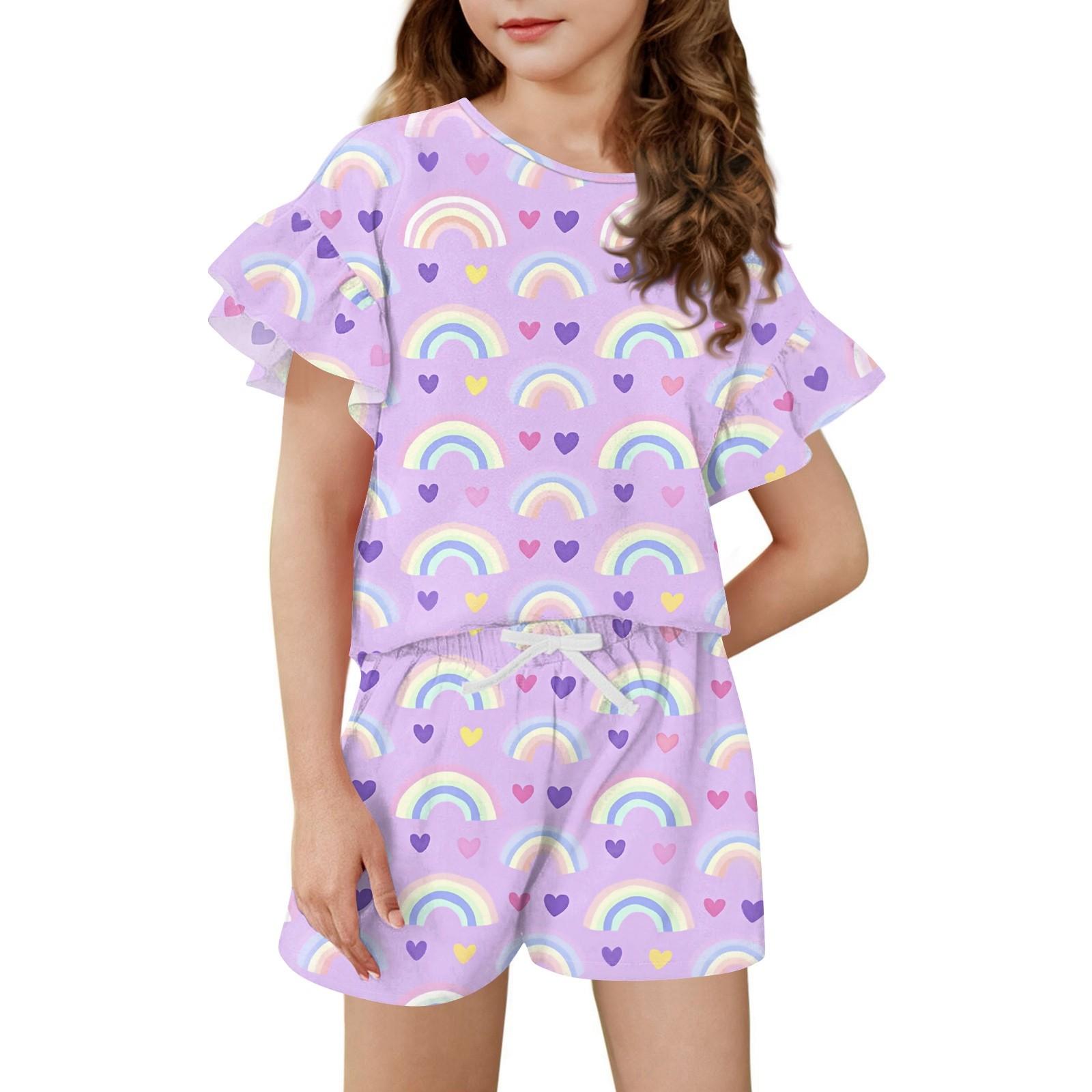 

Girls Summer Outfit Ruffle Sleeve Top And Shorts Clothing Set Lightweight Casual Two Piece 160