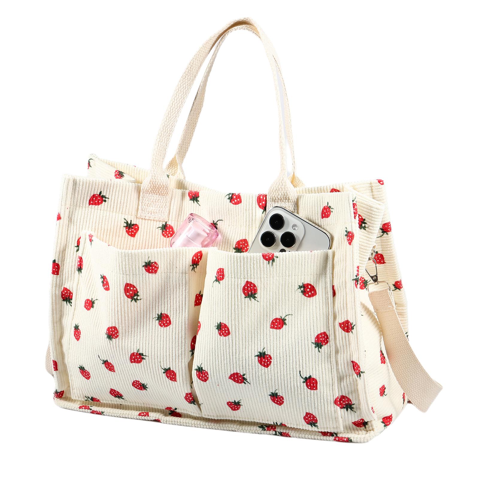 

Strawberry Patched Corduroy Crossbody Bags Muti-pockets Design Women Tote Bags with Adjustable Shoulder Straps for Travel Outing белый