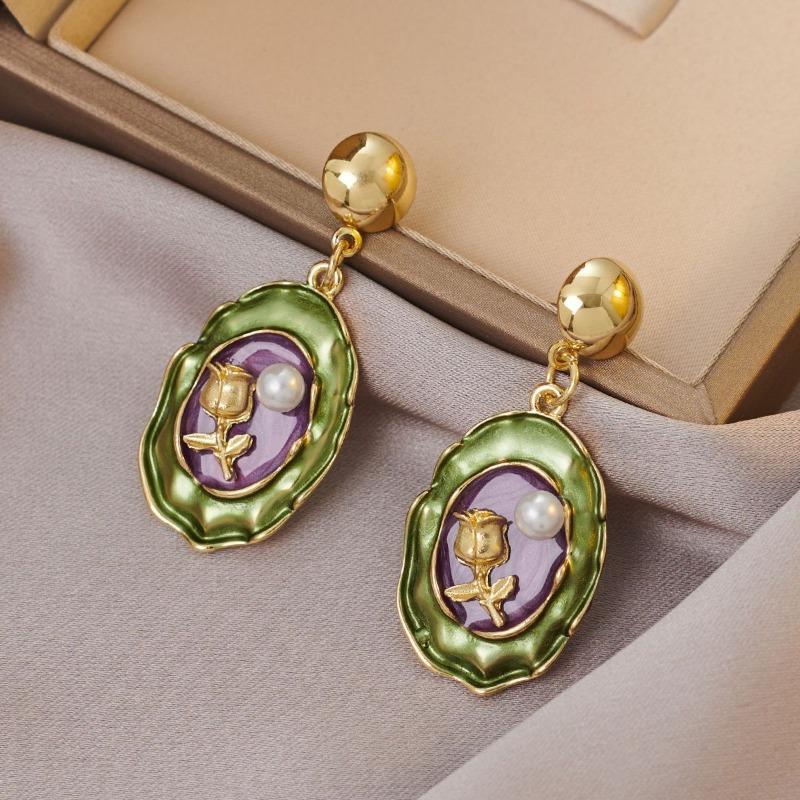 French Court Style Colored Enamel Glaze Double-layer Flower Stud Earrings Retro Pearl Design Earrings Monet Garden Decoration