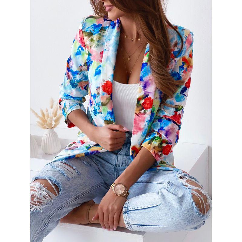 

European and American-Style Women s Big Flower Short All-Matching Cardigan Jacket Blue L