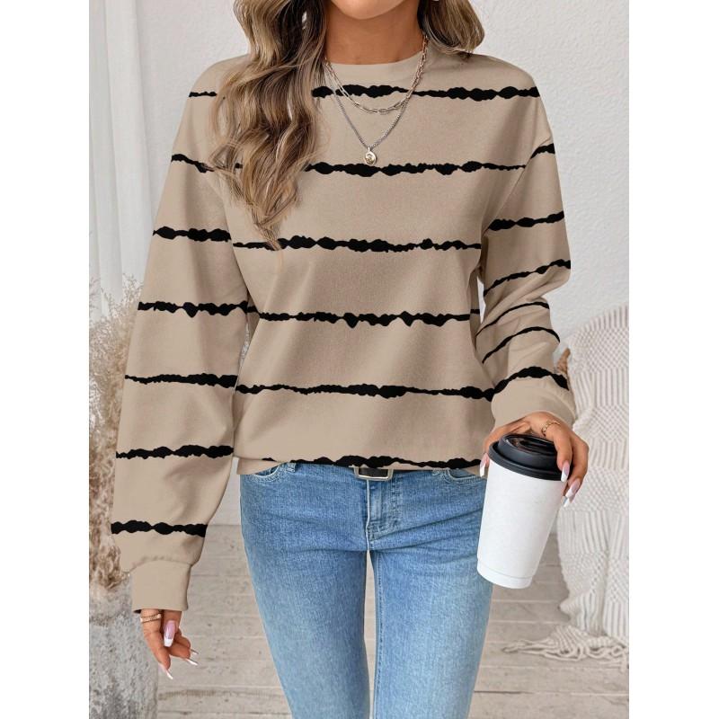 Womens Casual Striped Print Hoodie-Free Sweatshirt Loose Fit Round Neck Long Sleeve Top 2025