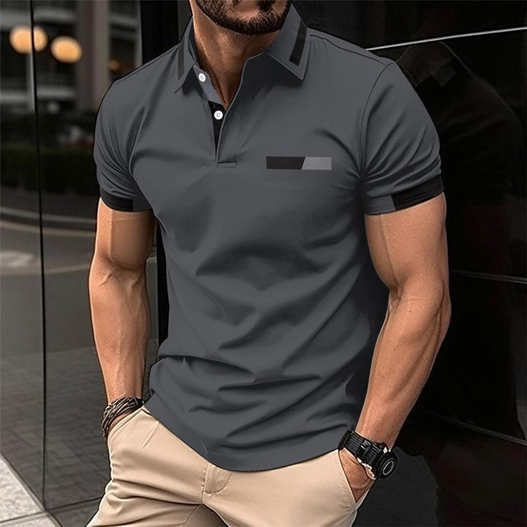 Fashionable Men's Casual Polo Shirt with Faux Chest Pocket, Turn-Down Collar and Button-Front Business T-Shirt Top