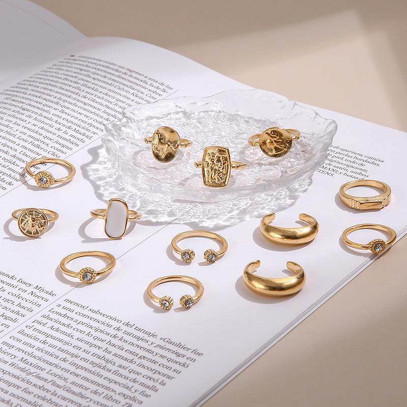 13-Piece Adjustable Open Opal Ring Set with Diamond-Set Hollow Relief Portraits for Women