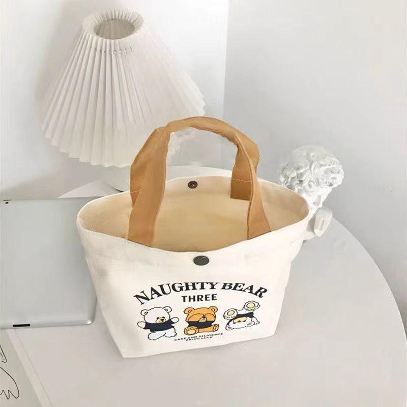 Cute Bear Small Versatile Handbag Mini Canvas Bag Female Student Lunch Box Bag Simple Tote Bag Office Worker Lunch Bag