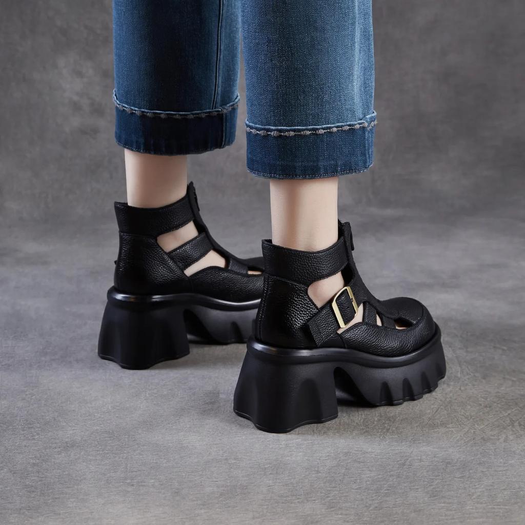 Johnature Sandale Romane Retro Piele Naturală Platformă Groasă Fermoar Botine Decupate Femei