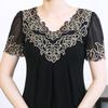 2024 Summer Chiffon Embroidered Dress: Mid-Length, Solid Color, Short-Sleeved, A-Line for Middle-Aged Women