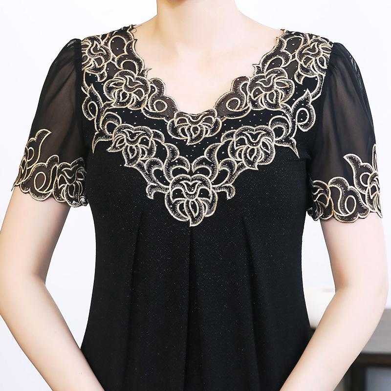 2024 Summer Chiffon Embroidered Dress: Mid-Length, Solid Color, Short-Sleeved, A-Line for Middle-Aged Women