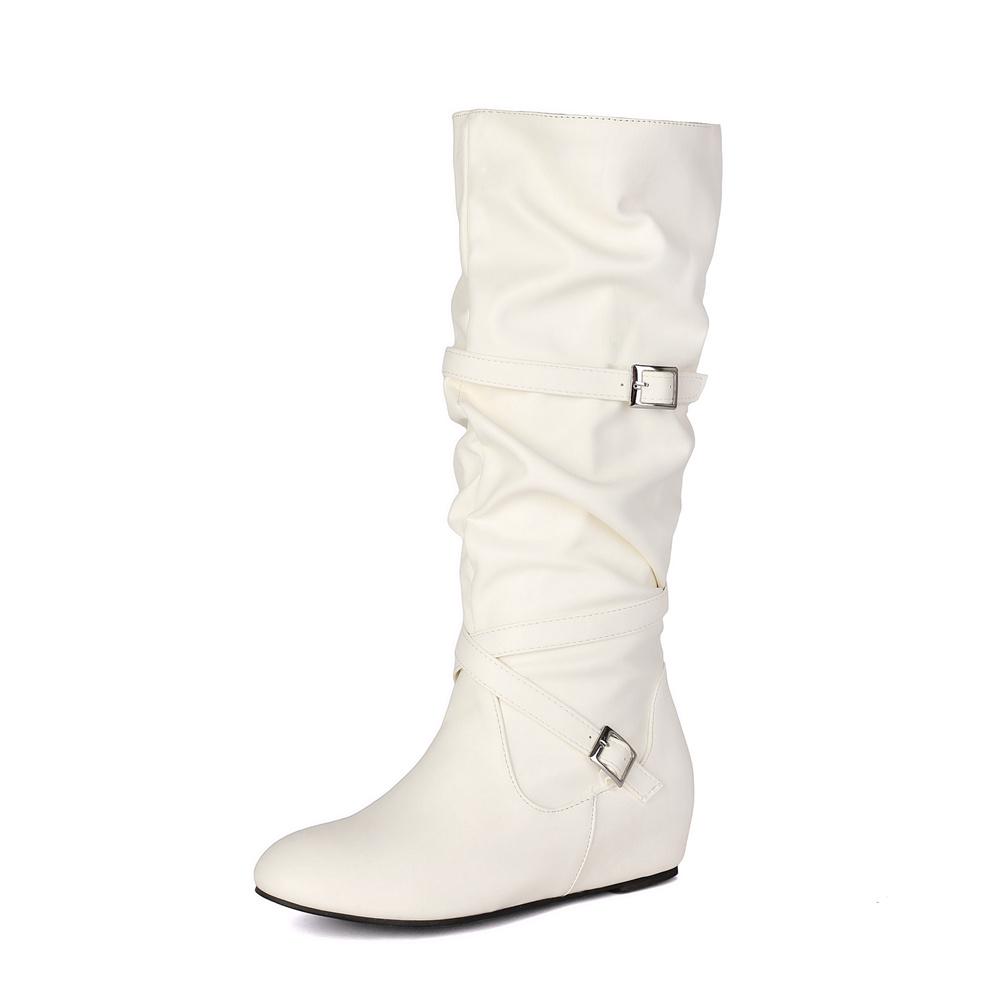Large Size 48 Vintage Y2K Buckle Straps Fall Winter Knee‑High Boots Women Shoes Brown Hidden Wedge Heel Pleated Western Boots