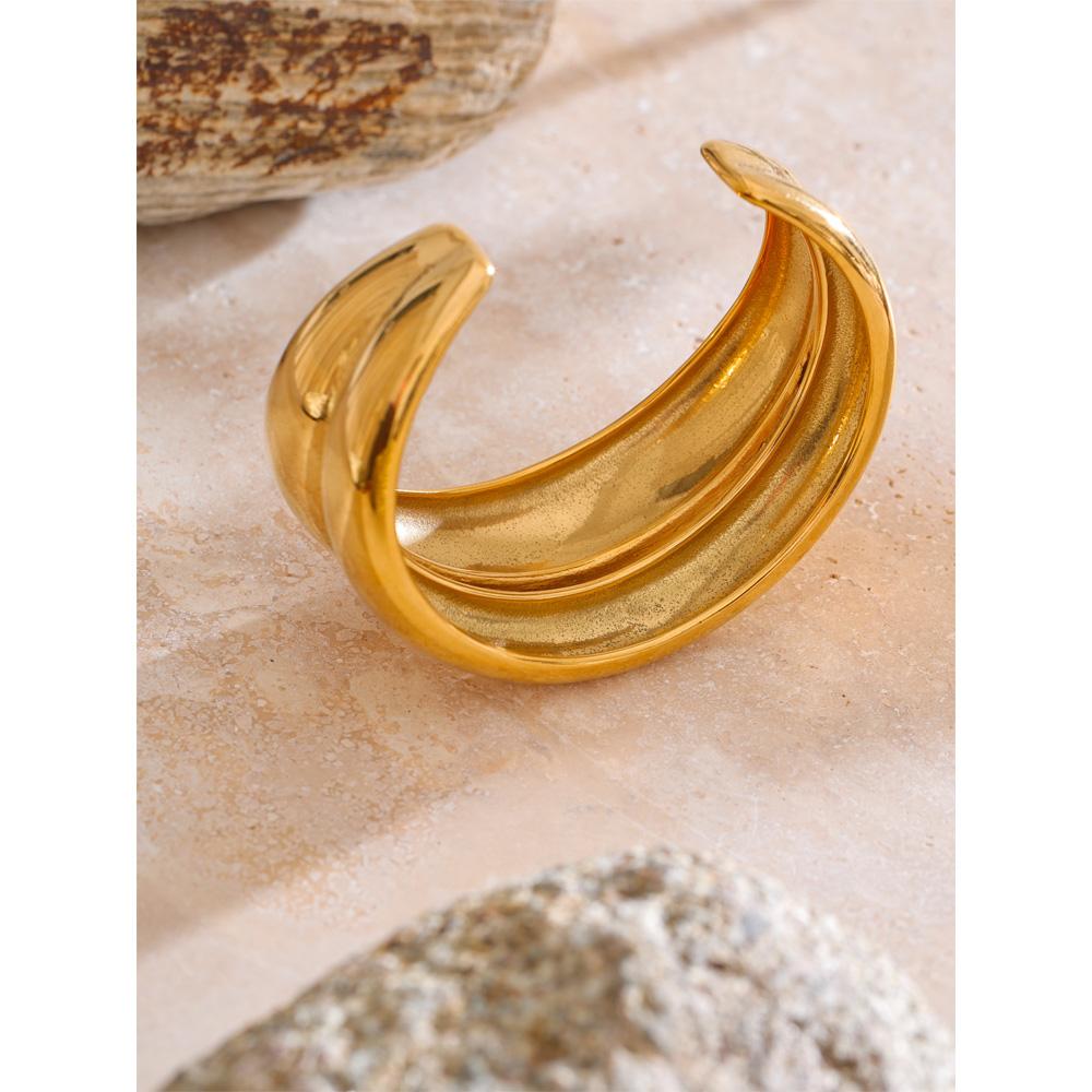 Eetit 18K Golden PVD Plated Stainless Steel Double Layer Cuff Statement Bracelet Bangle Smooth Metal Texture Attractive Jewelry