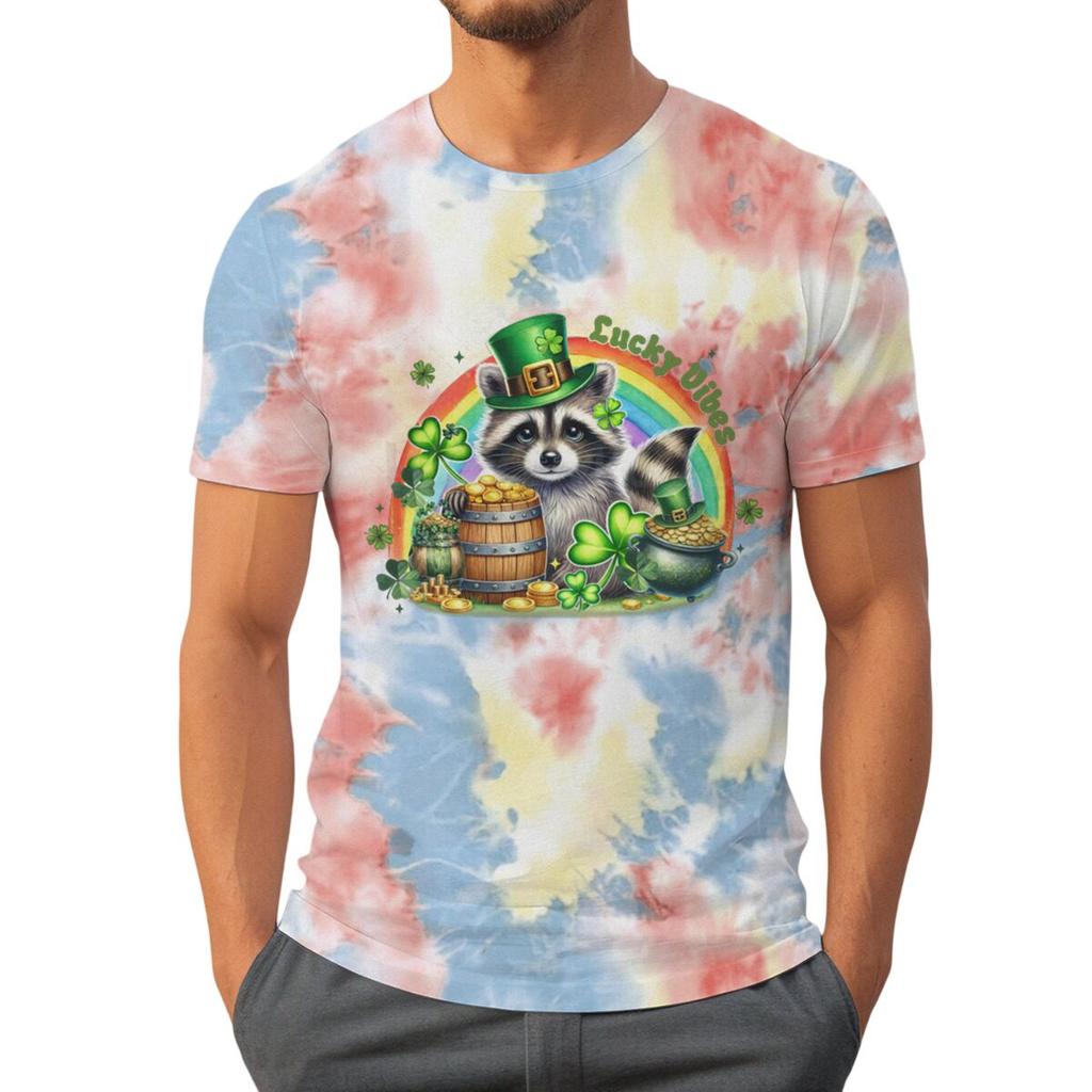 St Patricks Day Raccoon Shirt Lucky Vibes Short Sleeve Round Neck Tee Cartoon Lucky Raccoon St Patricks Day Unisex TShirt