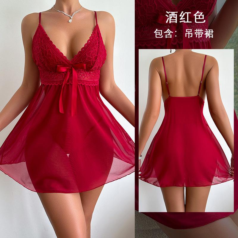 Sexy Netz-Durchsichtige Spitze Pyjamas Mehrfarbige Optionen Cami Nachthemd Damen Bequeme Loungewear 716 Atmungsaktiv Flirty Nachtwäsche Ideal für Warmes Wetter