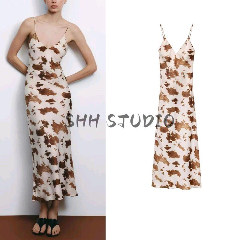 Spring New Women Clothes Western Style Evening Dress Silk Satin Texture V-neck Sling Midi Dress 2352101