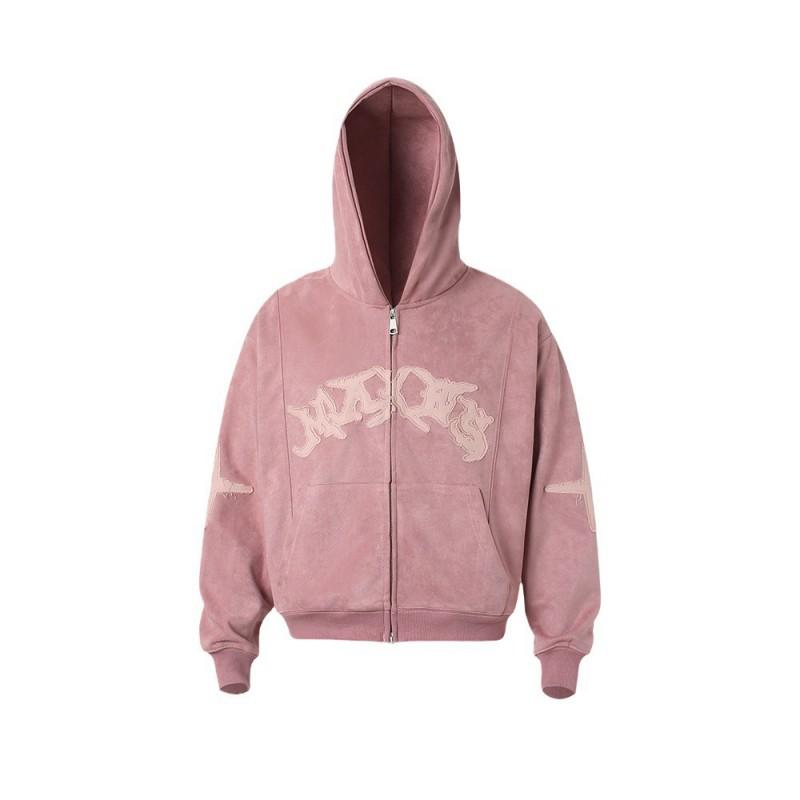 Unisex Oversized Short Hooded Zip-Up Fleece Sweatshirt With Embroidered Letters Patch Detail