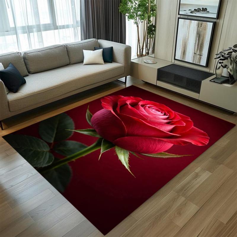 Realistischer Rosenblüten-Bereichsteppich Teppichmatte Heimdekoration Rote Rose Blühendes Muster Rutschfester Bodenteppich für Wohnzimmer Heimteppich