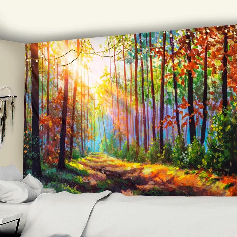 

Retro Oil Painting Beautiful Forest Natural Scenery Tapestry Wall Hanging Hippie Mandala Bedspread Bohemian Art Home Decor 74x94cm(29x37in)