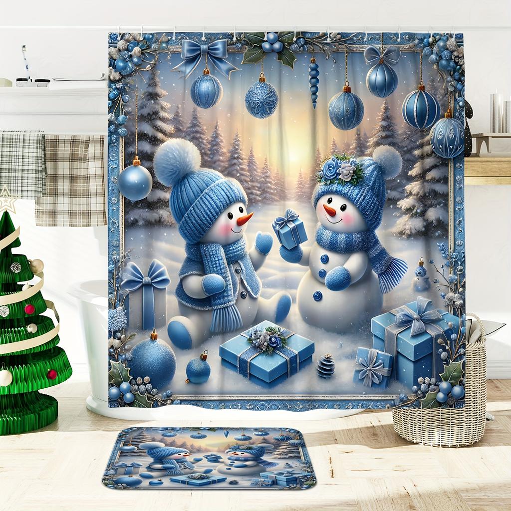 Christmas Winter Shower Curtain Set - Snowman and Christmas Ball Gift Cute Blue, Polyester Washable for Xmas Holiday Bathroom De