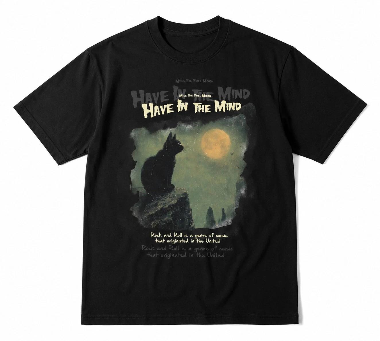 Have In The Mind Black Cat T-Shirt Vintage Moon Graphic Tee Gothic Rock Black UK 3XL