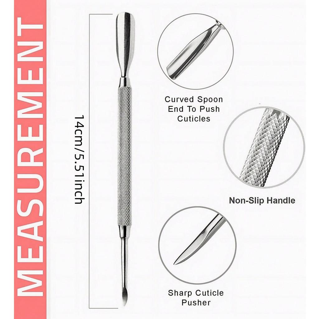 Stainless Steel Cuticle Pusher Set, Dual-Ended, Sharp Edged, Spoon-Shaped, Low Allergy, Nail Care Tools for Manicure and Pedicure