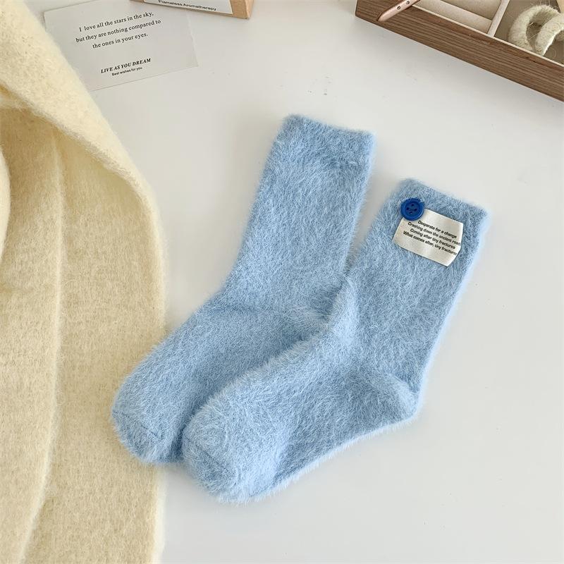 

Носки с пуговицами и тканевой этикеткой из норки, женские осенне-зимние утолщенные теплые меховые носки, длинные, красные, ежемесячные носки average size синий