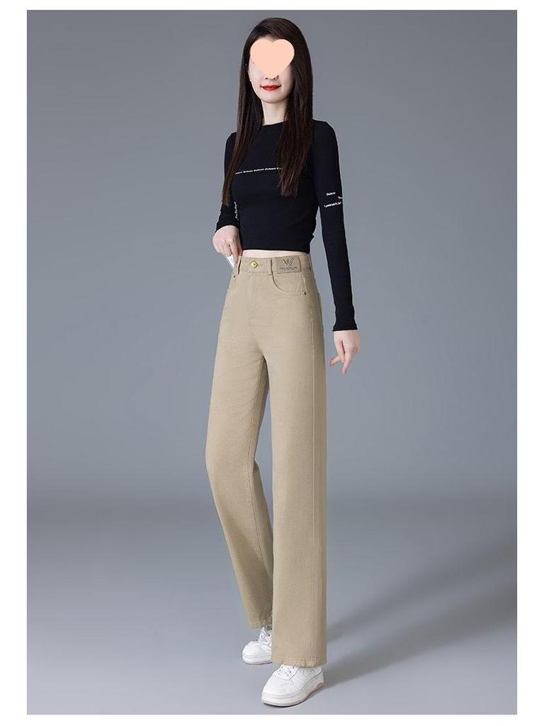 Women's Autumn/Winter 2025 Soft Denim Plus Velvet Slimming Straight and Wide Leg Trousers